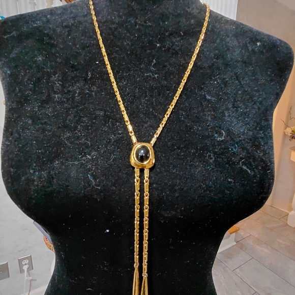 "Monet" Vintage Gold tone Lariat Necklace with Black Domed Stones.16.5in + 2in.. - Picture 1 of 11
